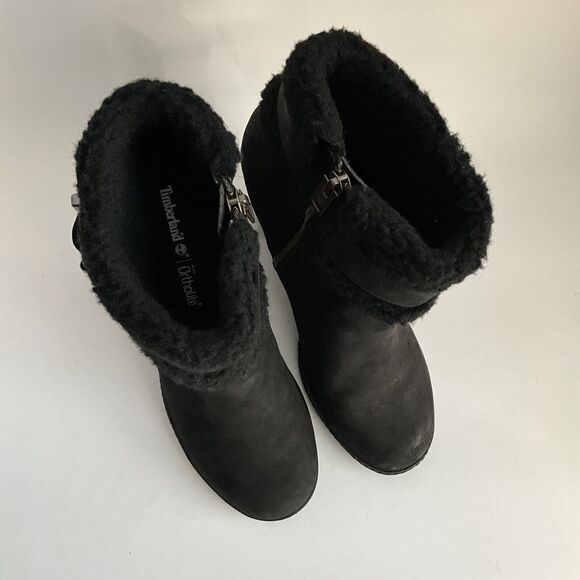 Timberland Leather Ortholite Faux Fur Cuff Buckle Bootie Black 8.5 - Picture 11 of 12